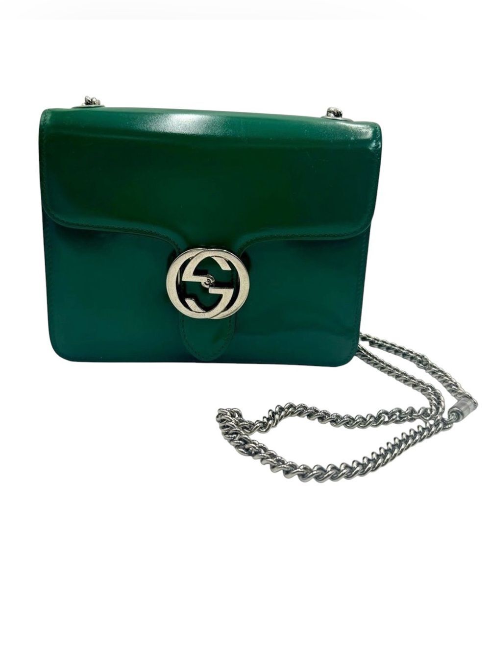 Auth Gucci Small Emerald Green Polished Leather Interlocking G Shoulder Bag Ex+